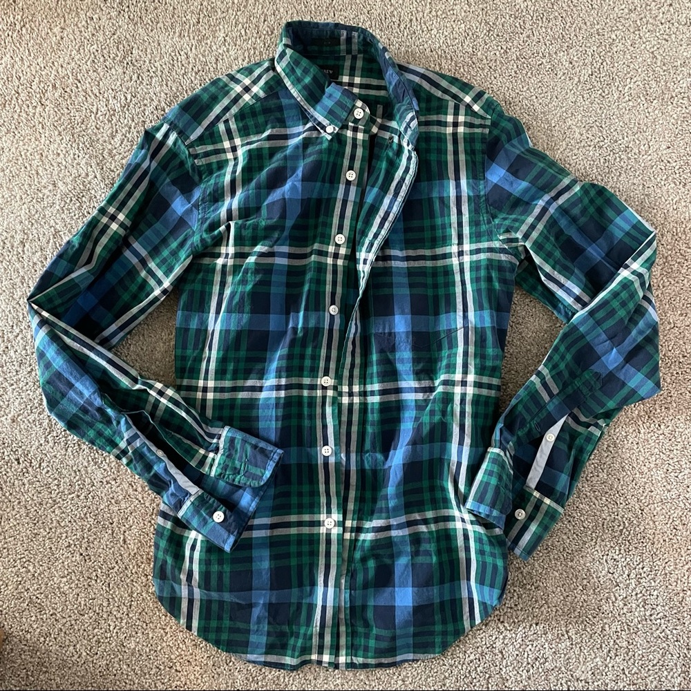 J  Crew men's striped green and blue plaid button down shirt